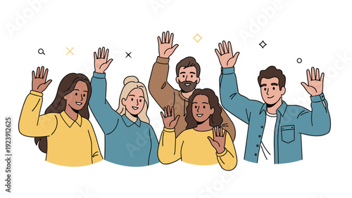 Group of diverse smiling people raise their hands to wave hello together against a clean white background for greeting theme.