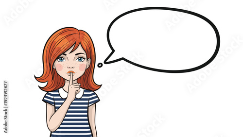 Red-haired girl puts her finger to her lips to signal silence next to a large blank comic style speech bubble for your text.