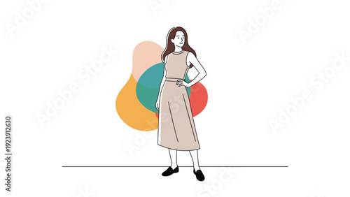 Fashionable woman in a tan sleeveless dress poses confidently in front of abstract colorful background shapes for style.