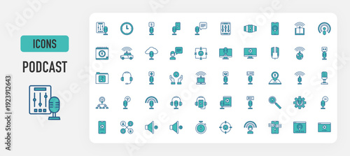 Podcast icon vector. Mixer, Clock, Money, Broadcasting, Smartphone, Microphone, Control Panel, Headphone, Book, Broadcast, Calendar, Car, Talk, Communications, Computer, Earbud, Global illustration. 