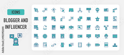 Blogger and influences icon vector. Social Media, Unlike, Interactive, Pie Chart, Responsive, Funding, Click, Gamer, Follower, Influencer, Laptop, Hastag, Blogger, Talk, Like, Gift illustration. 