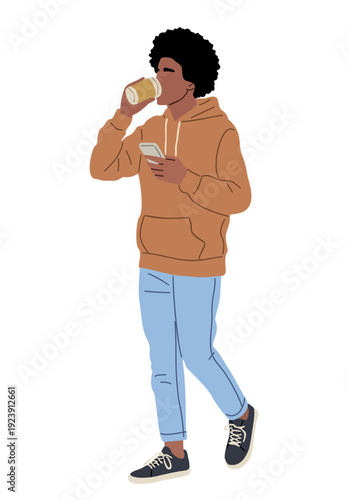 Stylized full-body flat illustration African american man walking while drinking coffee and using a smartphone, casual attire. Stylized flat vector illustration isolated on transparent background