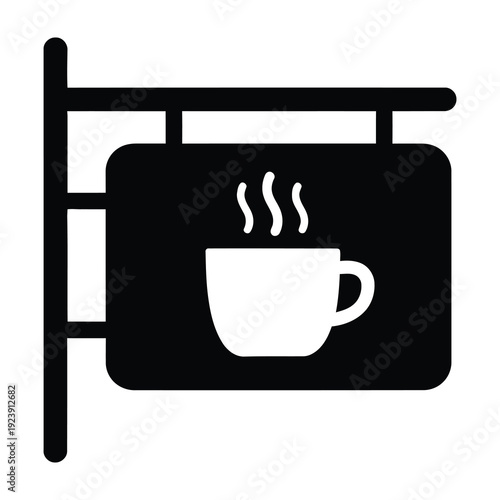 Black and white silhouette of a hanging cafe sign featuring a steaming coffee cup illustration symbolizing warm beverages morning routines and cozy cafe ambiance perfect for hospitality branding