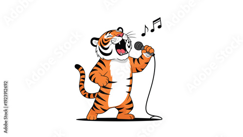 Playful cartoon tiger stands on its hind legs and sings into a microphone with floating musical notes on a white background.