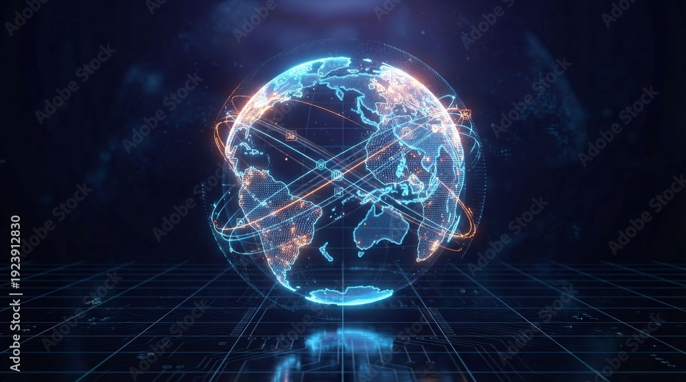 custom made wallpaper toronto digitalGlowing digital globe floats above a grid surface displaying interconnected global data streams in a dark technological environment.