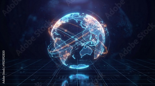 Wallpaper Mural Glowing digital globe floats above a grid surface displaying interconnected global data streams in a dark technological environment. Torontodigital.ca