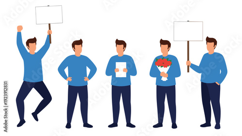 Multi-pose illustration of a man showing various actions like jumping, holding flowers, holding a sign, and standing.