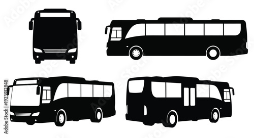 Technical drawing of a bus in multiple views a dark silhouette