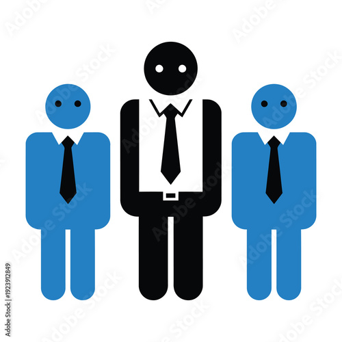 A single black suited businessman stands confidently in the center flanked by two blue suited colleagues representing leadership teamwork and corporate hierarchy with a clear simple graphic style