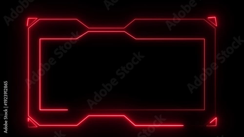 Red Neon Geometric Frame with Futuristic Design on animated Black Background, Abstract red neon frame with digital particles and data flow, Rectangular frame made of slow moving neon lights.