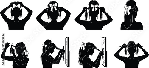 Black vector silhouette set of a woman styling her hair with bows using a mirror and brush for beauty salon branding and hair care