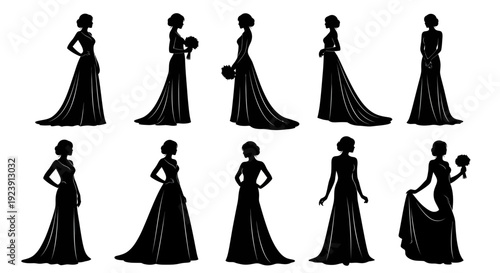 Black Silhouette Women in Elegant Dresses, Wedding Bridal Fashion Art