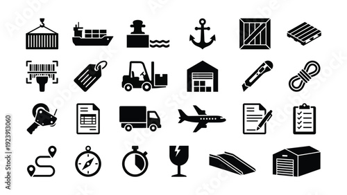 Black Logistics Icons Set on White Background