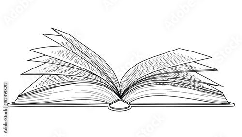 Detailed line art illustration of an open book with its pages fanning out, symbolizing knowledge and education.