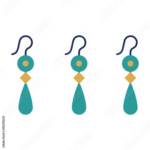 Three identical artistic teal and gold drop earrings with circular and diamond elements presented in a clean minimalist isolated composition against a bright white background showcasing elegant