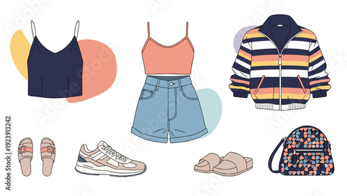 Fashionable collection of summer apparel including tops, denim shorts, sneakers, sandals, and a colorful backpack.