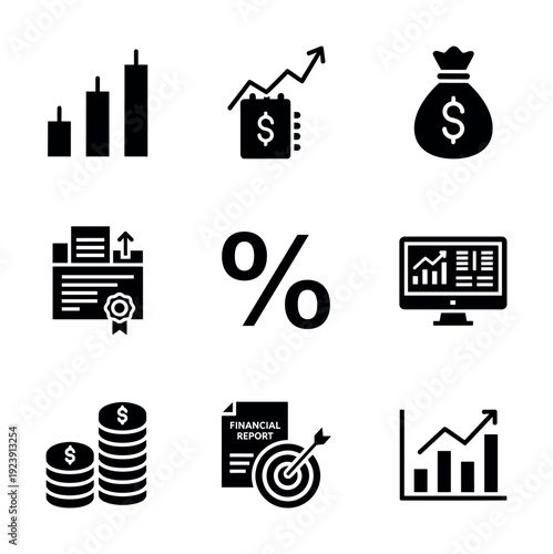 Collection of financial and business icons representing growth, profit, and analysis