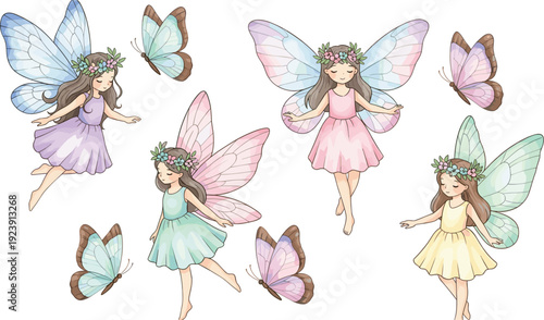 Cute fairy vector character set with magical butterfly wings floral crowns and colorful dresses for whimsical nursery wall art and fantasy birthday party.