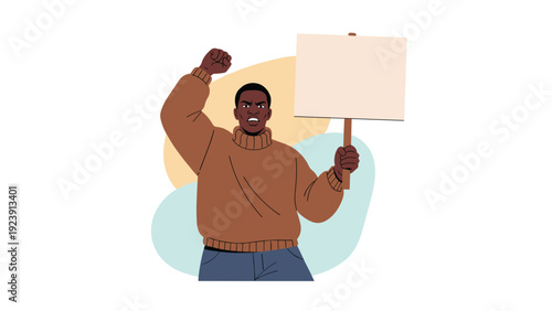 Angry man shouts and raises his fist while holding a blank protest sign to express his strong political disagreement.