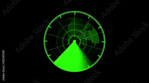Green radar screen showing a sweeping sector of the Earth against a animated black background, Futuristic radar screen interface with green digital grid and scanning beam, green radar screen animation