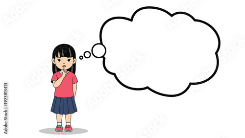 Young girl with black hair puts her finger to her lips in a quiet gesture while standing next to a large empty thought bubble.