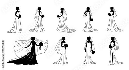 Elegant Black and White Bride Silhouettes and Line Art Vector Collection. Ideal for Wedding and Bridal Industry, featuring various Poses, Dresses, Veils, and Bouquets.