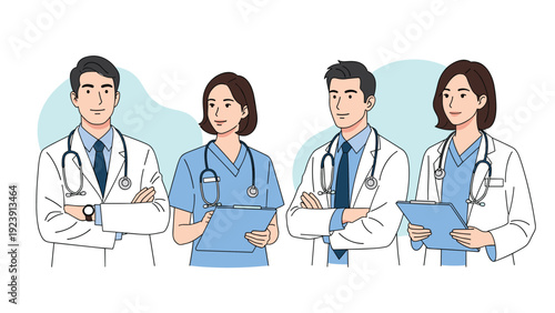 Team of professional male and female doctors and nurses in medical attire stand together with confidence and care.