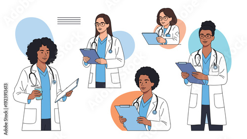 Collection of female medical professionals in white coats and blue scrubs shown in various working and diagnostic poses.
