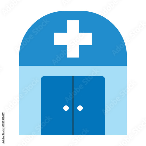 Modern hospital building facade with large double doors and a prominent white cross symbol on a blue arched roof representing healthcare medical services and wellness facilities with clean minimalist