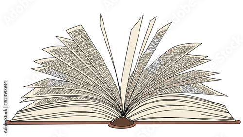 Intricate illustration of an open book with numerous pages flipping, filled with text and symbols of deep knowledge.