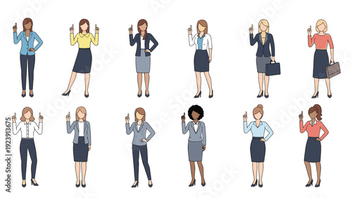 Multi-pose set of diverse businesswomen in professional suits and outfits shown in various standing and pointing gestures.