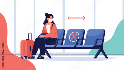 Responsible traveler wearing a face mask sits in an airport terminal following social distancing guidelines with his luggage.
