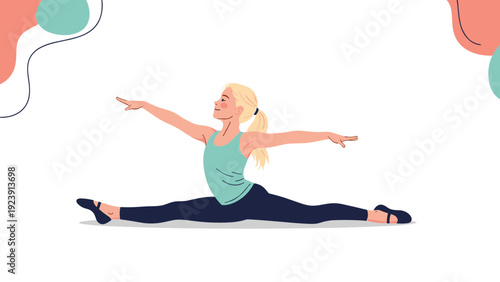 Graceful blonde ballerina demonstrates her incredible flexibility while performing a full split on the floor during practice.