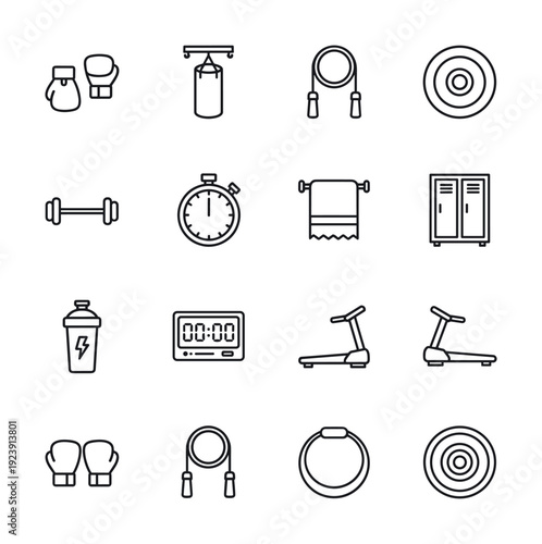 Collection of fitness and gym equipment icons in a clean, modern line art style