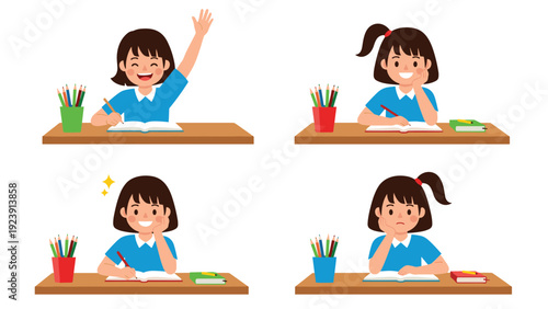 Young schoolgirl shown in various classroom scenarios including raising her hand to answer, writing in her notebook, and feeling bored.