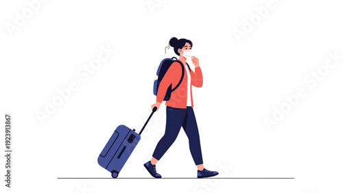 Woman wearing a protective face mask while traveling with a backpack and pulling a suitcase, representing safety during a global pandemic.