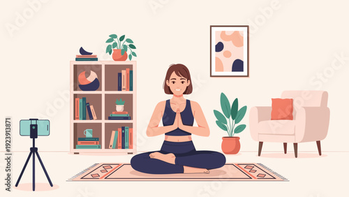 Young woman practicing yoga in a peaceful living room setting while recording her workout session using a smartphone on a tripod.