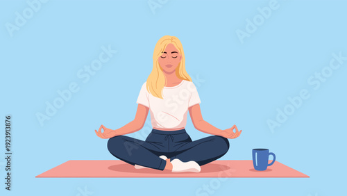 Young blonde woman meditating in a lotus pose on a yoga mat with her eyes closed and a blue mug sitting next to her on a blue background.
