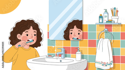 Young girl with curly hair diligently brushing her teeth in front of a mirror in a colorful tiled bathroom with various toiletries.