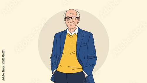 Portrait of a distinguished older man with glasses wearing a blue blazer and yellow sweater vest standing with hands in his pockets.