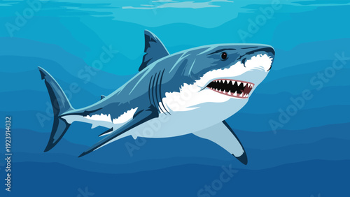 Powerful great white shark swimming through deep blue ocean water with its mouth open showing sharp teeth in a detailed illustration.