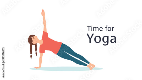 Young woman with braided hair performing a side plank yoga pose against a white background with the text Time for Yoga.