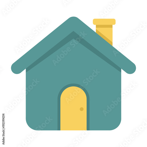 Simple flat design illustration of a teal house with a yellow door and chimney representing homeownership real estate and residential shelter in a clean modern graphic style