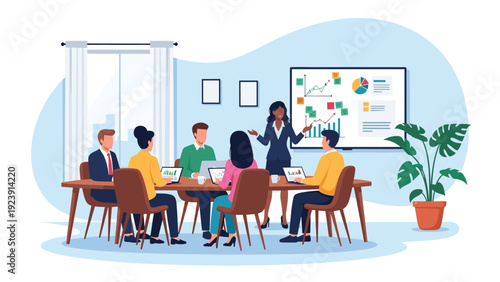 Diverse business team in a modern office conducts a strategic meeting while reviewing data charts on a digital presentation board.
