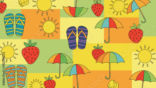 Vibrant summer pattern features colorful beach umbrellas, striped flip-flops, bright suns, and sweet strawberries on a geometric grid.