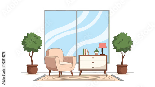 Cozy home interior design features a comfortable beige armchair, a wooden dresser with a lamp, and lush green potted plants by a window.