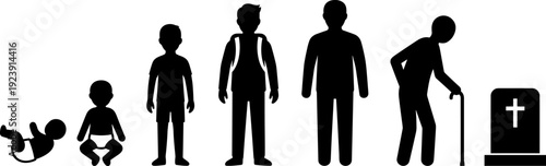 Human life cycle silhouettes, baby child adult elderly stages, vector illustration isolated aging process icons on white background