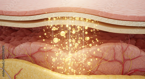 Microscopic view of skin layers with glowing particles penetrating the dermis and epidermis representing skincare and cellular regeneration