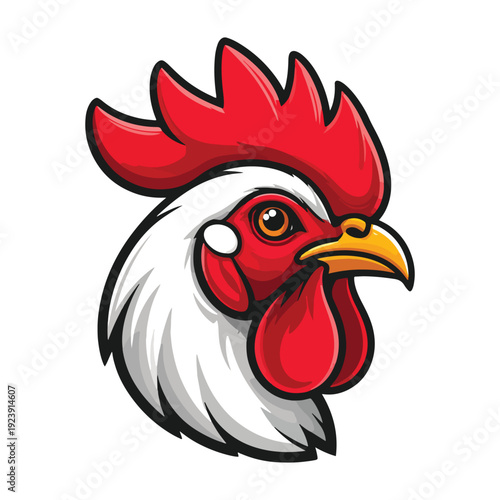Vibrant close-up of a proud rooster's head in a bold, graphic cartoon style with striking red comb and wattle, conveying farm life and avian character.