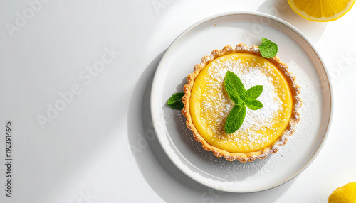 A lemon tart on a white plate garnished with powdered sugar and fresh mint leaves